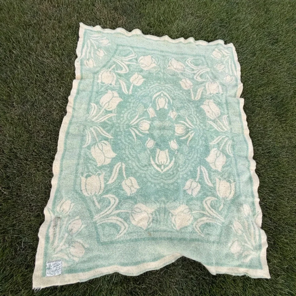 Vintage Orr Health All Wool Blanket Dutch Tulip Floral Seafoam Green 64x48 rare